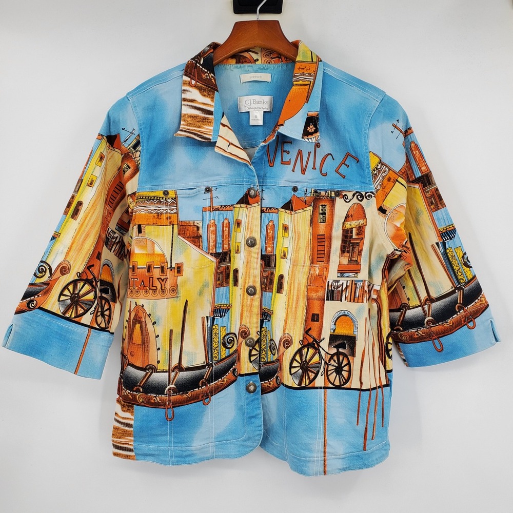 CJ Banks Venice Italy Novelty Print Jacket X Blue 3/4 Sleeve Wearable Art Euro